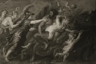 Hades abducting Persephone on his chariot as the earth opens in the plain of Nysa