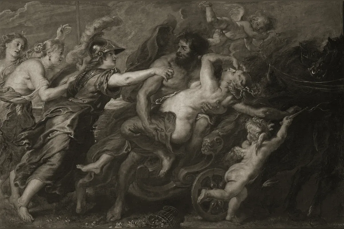 Hades abducting Persephone on his chariot as the earth opens in the plain of Nysa
