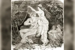 Ægir assis au fond de la mer, accoudé à un rocher, auprès de Rán et de ses filles, gravure de Friedrich Wilhelm Heine d'après Friedrich Wilhelm Engelhard