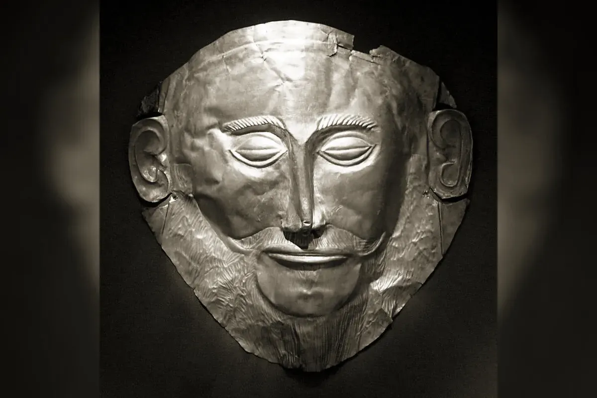 Gold funerary mask from Mycenae known as the "Mask of Agamemnon", a bearded face with closed eyes (16th century BC, National Archaeological Museum, Athens)
