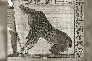 Ammit, a composite creature with a crocodile's head, a lion's chest and a hippopotamus's hindquarters, waiting beside the scale of judgment