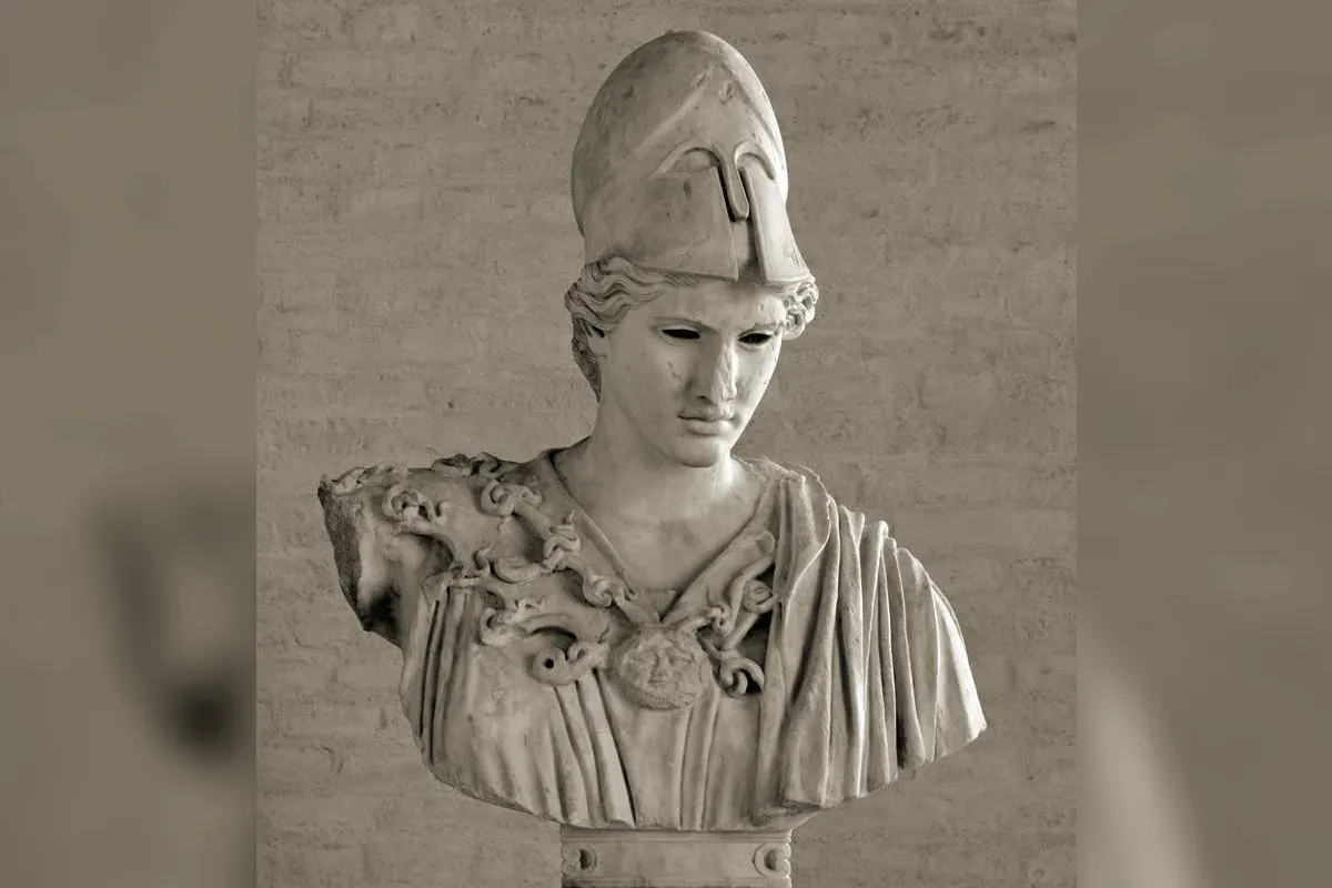 Ancient statue of Athena helmeted, holding her spear and shield