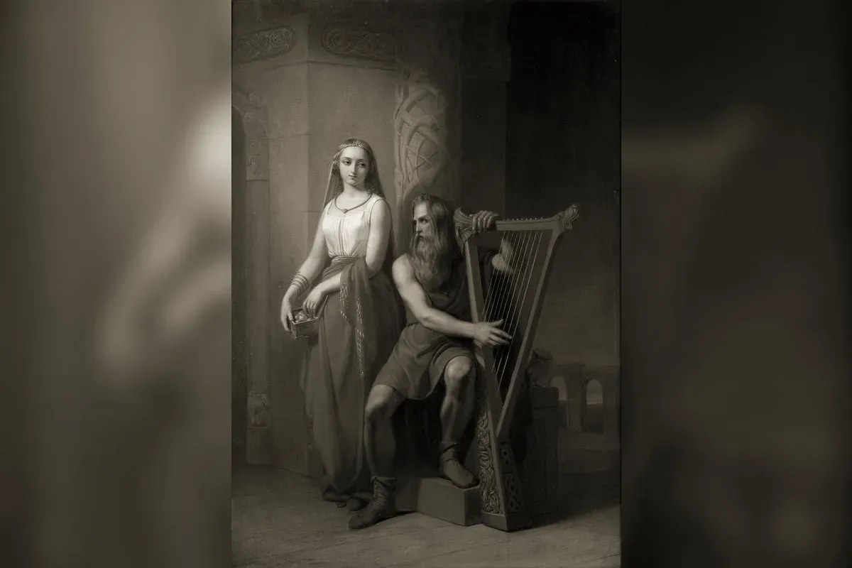 Bragi seated with his harp beside Idunn, painting by Nils Blommér