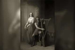 Bragi assis, harpe sur les genoux, aux côtés d'Idunn, peinture de Nils Blommér