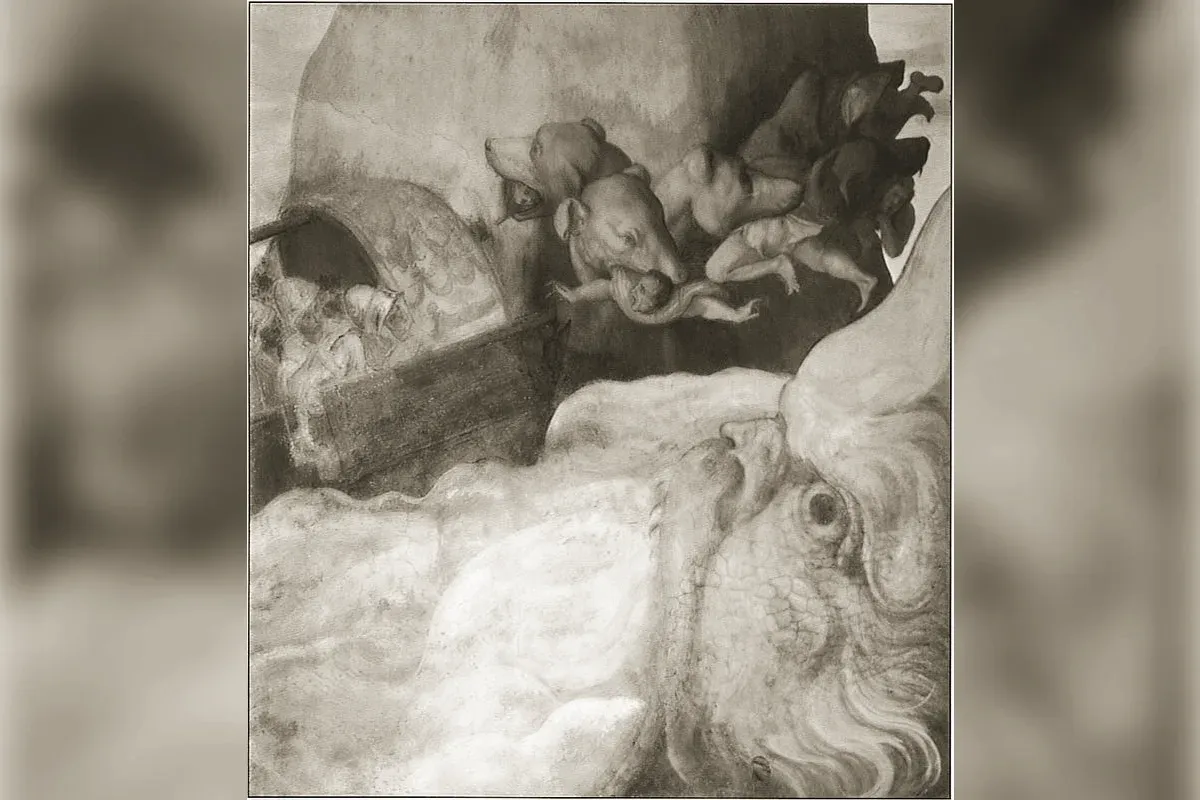 Le navire d'Ulysse entre Scylla, qui enlève des marins, et Charybde, détail d'une fresque d'Alessandro Allori (1574-1576)