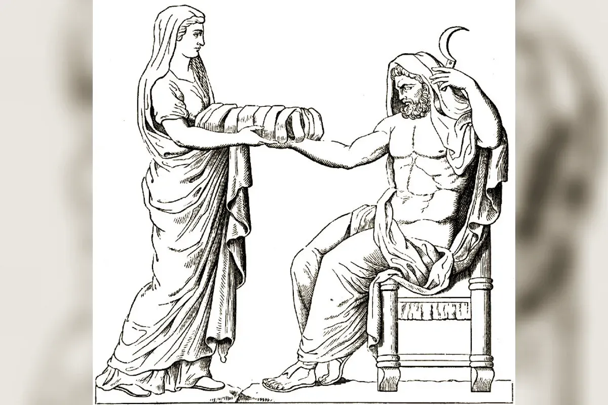 Rhea presenting Cronus with the swaddled stone in place of Zeus, drawing after the relief of a Roman altar