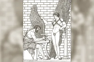Dédale attachant les ailes de cire à son fils Icare avant l'envol, peinture classique