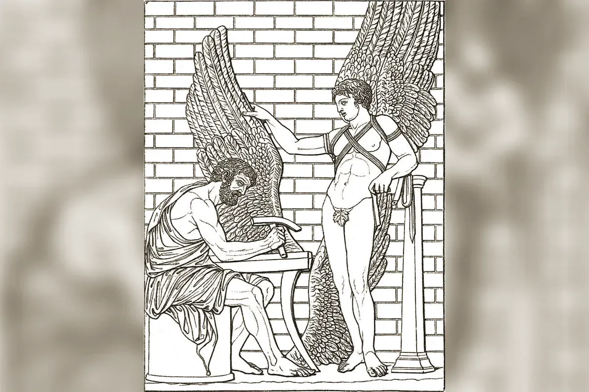 Daedalus fastening the wings of wax to his son Icarus before flight, classical painting