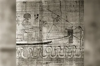 Apophis, serpent géant du chaos transpercé par une divinité protégeant la barque solaire
