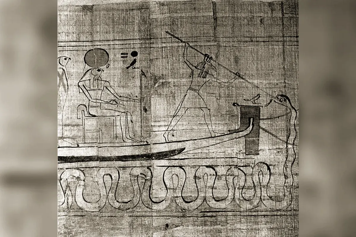 Apophis, serpent géant du chaos transpercé par une divinité protégeant la barque solaire