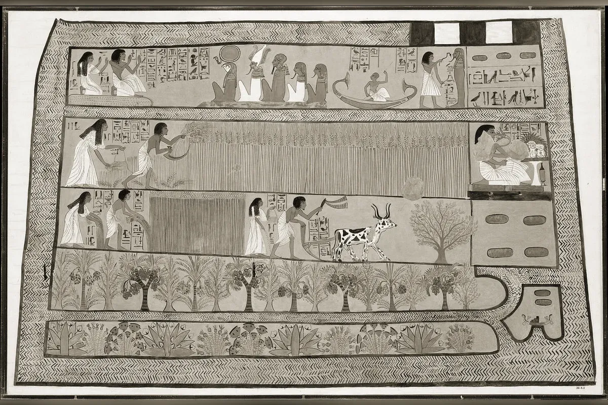 Sennedjem and Iineferti ploughing and harvesting in the Fields of Iaru