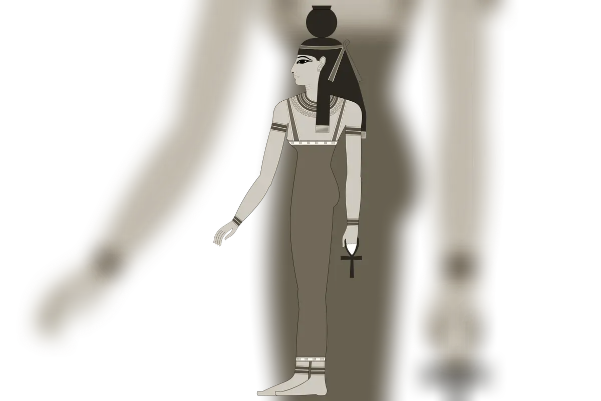 Nut arched and studded with stars above Geb, goddess of the sky, classical Egyptian art