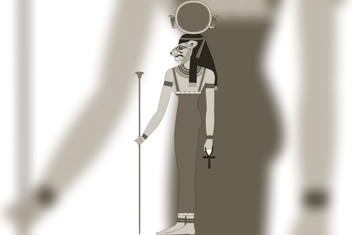 Tefnut with a lioness head crowned with the solar disc, goddess of moisture, classical Egyptian art