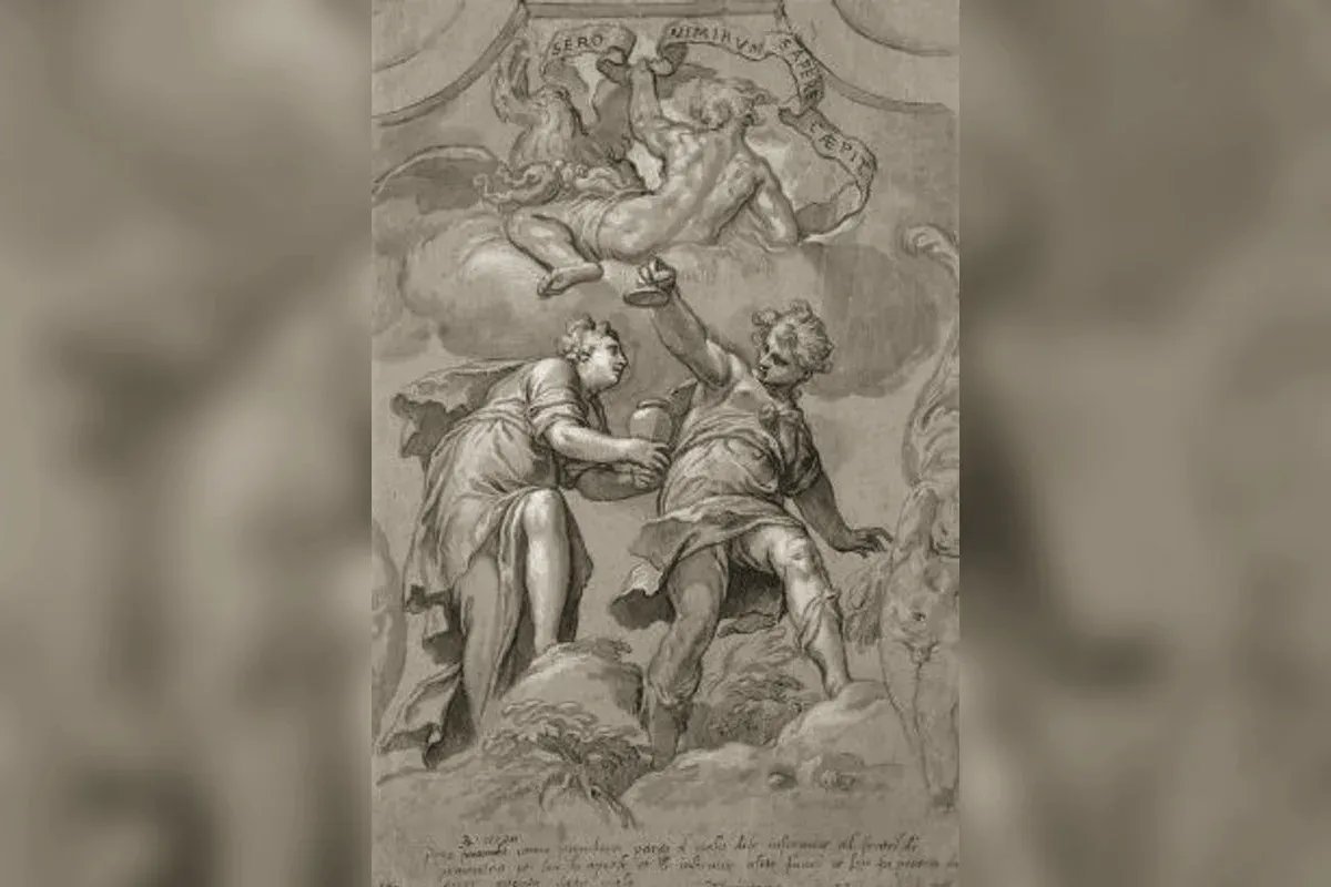 Épiméthée accueillant Pandore et la jarre qu'elle apporte