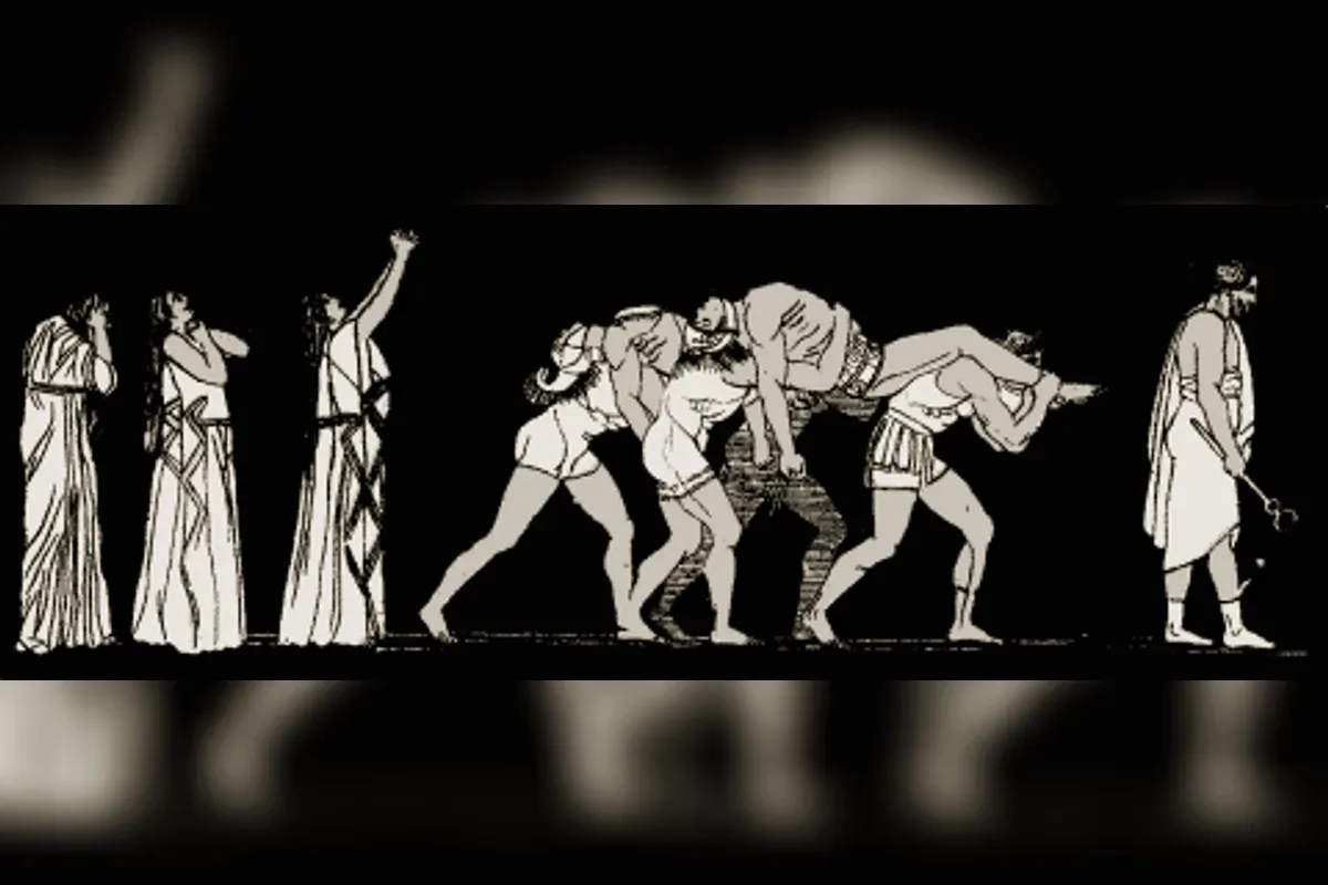 Le corps d'Étéocle emporté devant les pleureuses, gravure au trait néoclassique