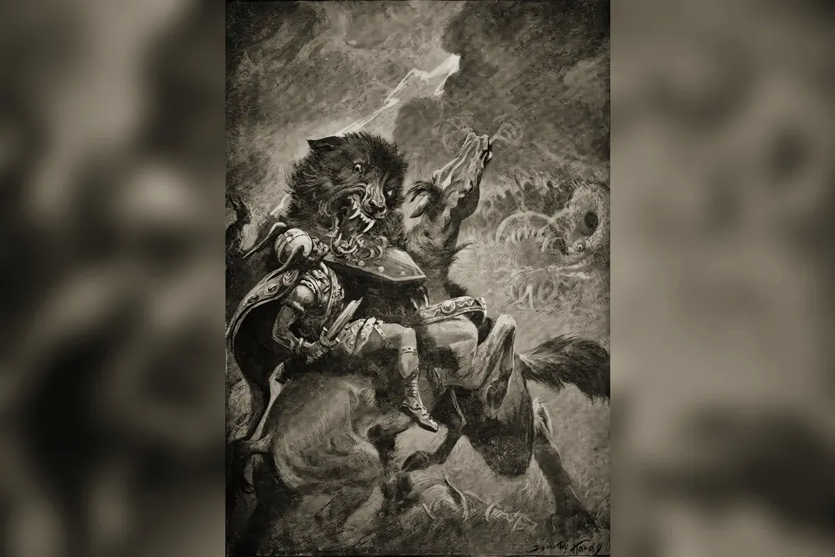 Odin confronting the wolf Fenrir, illustration by Dorothy Hardy