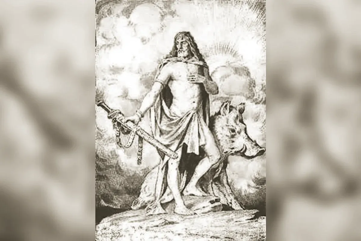 Freyr, dieu nordique de la fertilité, avec son sanglier d'or Gullinbursti, art classique
