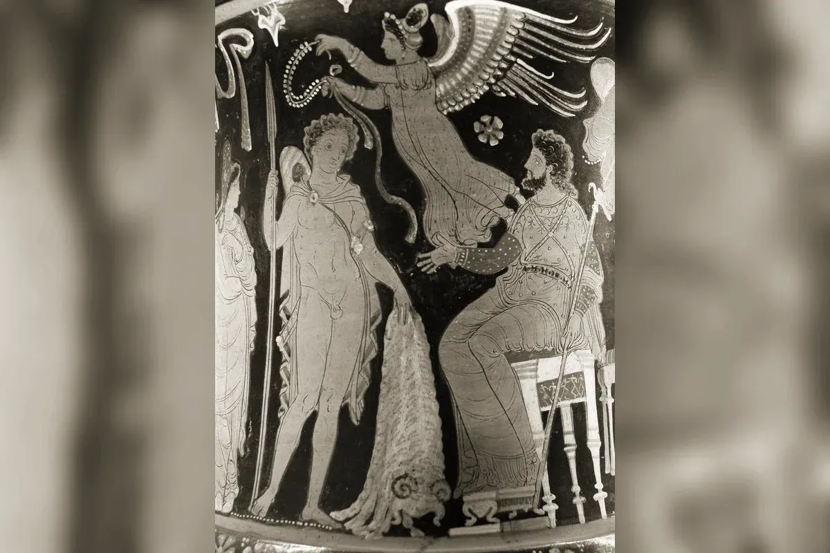 Jason holding the Golden Fleece in a sacred grove in Colchis, ancient illustration