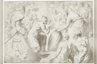 Odysseus's companions opening Aeolus's bag of winds, early drawing