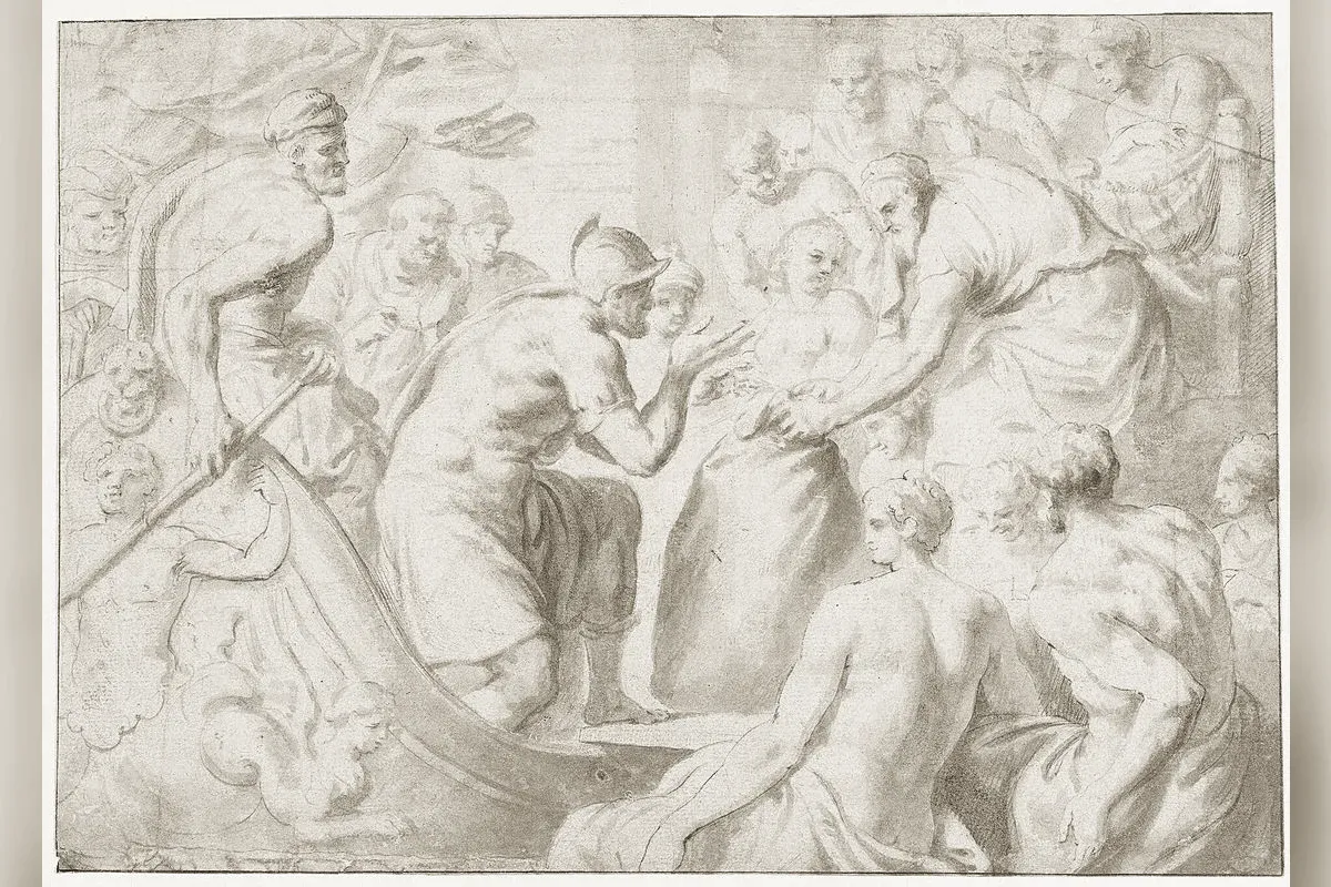 Odysseus's companions opening Aeolus's bag of winds, early drawing