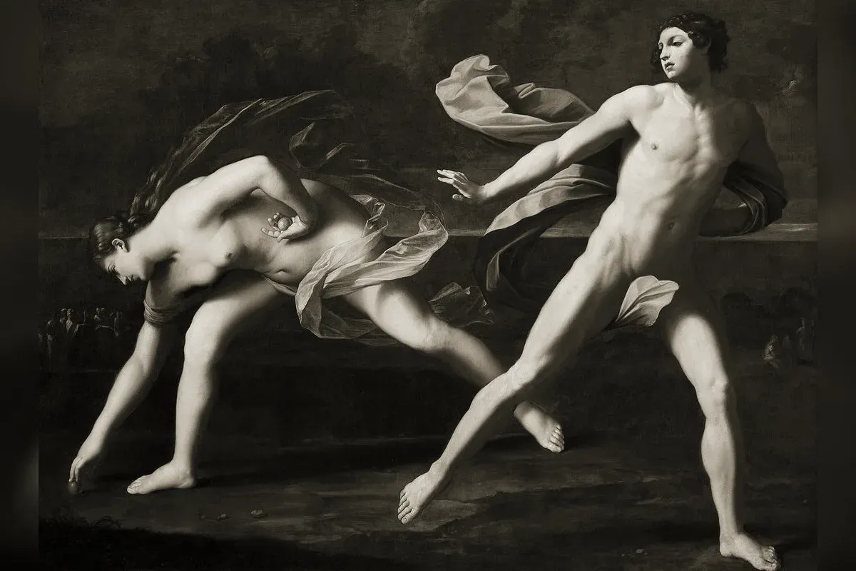 Atalante se penche pour ramasser une pomme d'or tandis qu'Hippomène la dépasse à la course, tableau de Guido Reni