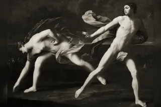 Atalanta stoops to pick up a golden apple as Hippomenes races past her, painting by Guido Reni