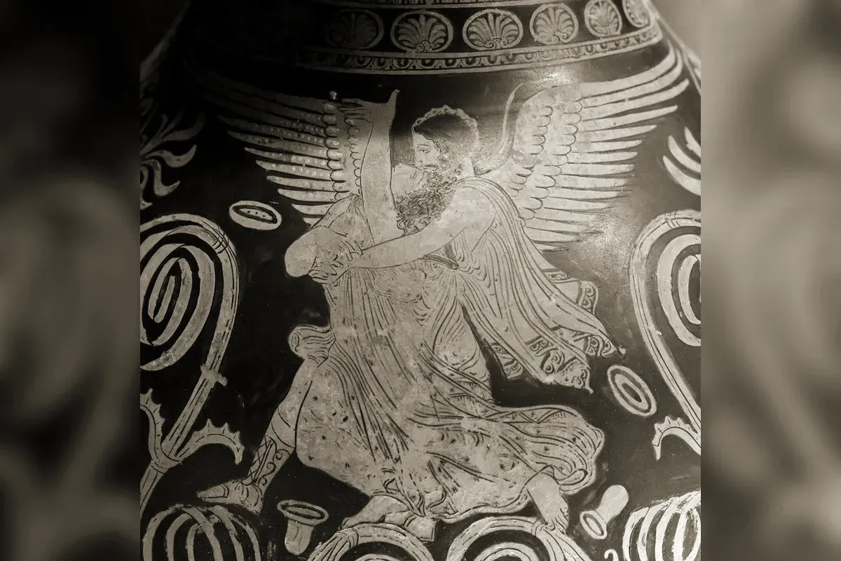 Winged Boreas carrying off Oreithyia on an Attic vase