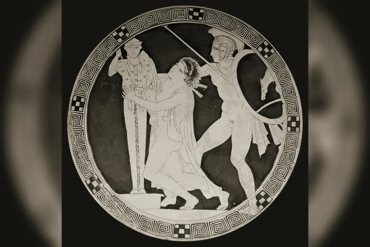 Helmeted Ajax seizes Cassandra by the hair as she clings to the statue of Athena, Attic red-figure cup in the Louvre