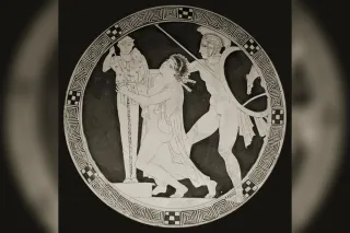 Helmeted Ajax seizes Cassandra by the hair as she clings to the statue of Athena, Attic red-figure cup in the Louvre