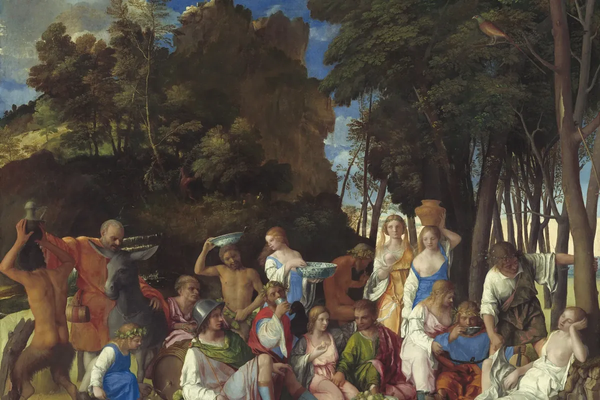 Le Festin des dieux de Bellini et Titien, assemblée de divinités dans un paysage