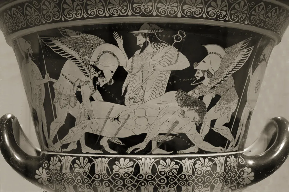 Thanatos and Hypnos carrying the body of Sarpedon, ancient Greek vase