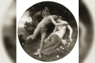 Zéphyr ailé portant des fleurs dans un pan de son manteau