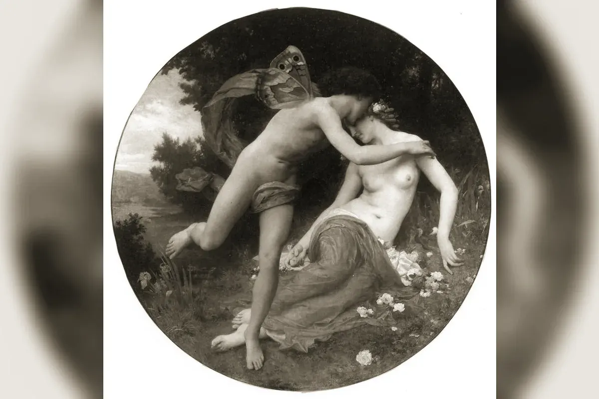 Zéphyr ailé portant des fleurs dans un pan de son manteau