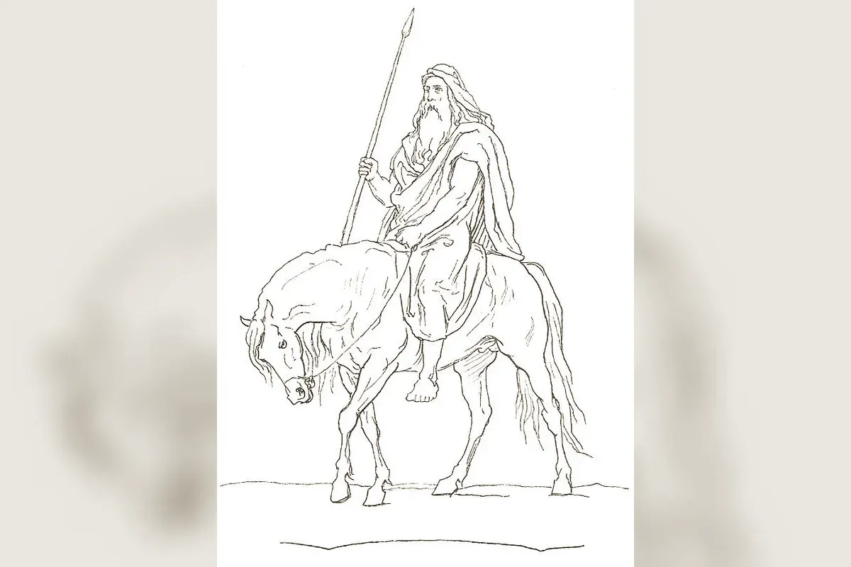 Gungnir, the spear of Odin, held by the god with his ravens, classical Norse art