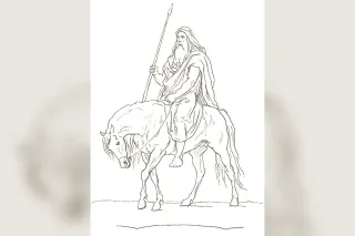 Gungnir, the spear of Odin, held by the god with his ravens, classical Norse art