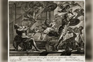 The winged Boreads drive the Harpies away from blind King Phineus's table, engraving after Simon Vouet