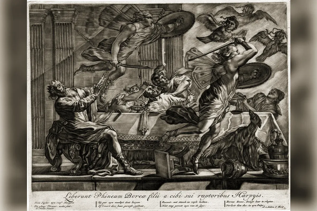Les Boréades chassent à l'épée les Harpies de la table du roi aveugle Phinée, gravure d'après Simon Vouet