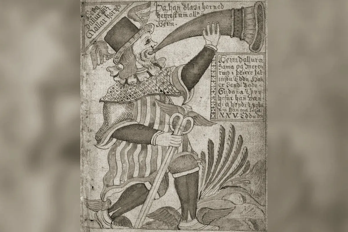 Heimdall blowing the Gjallarhorn on the Bifröst bridge