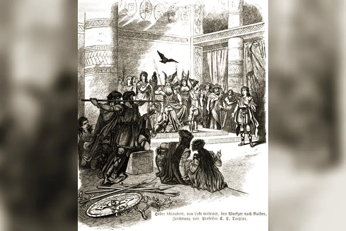 Höðr décoche le trait de gui vers Baldr devant les dieux assemblés, gravure de Carl Emil Doepler