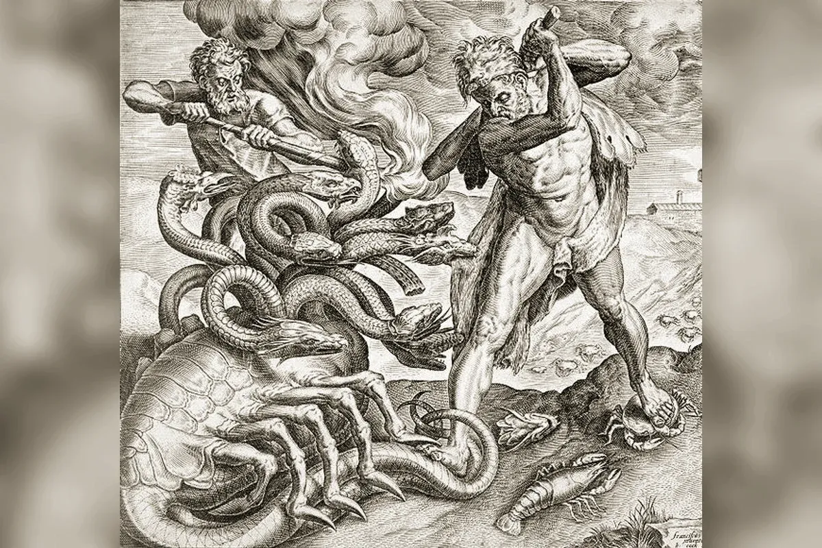 L'Hydre de Lerne, serpent à plusieurs têtes, combat contre Héraclès, céramique grecque antique