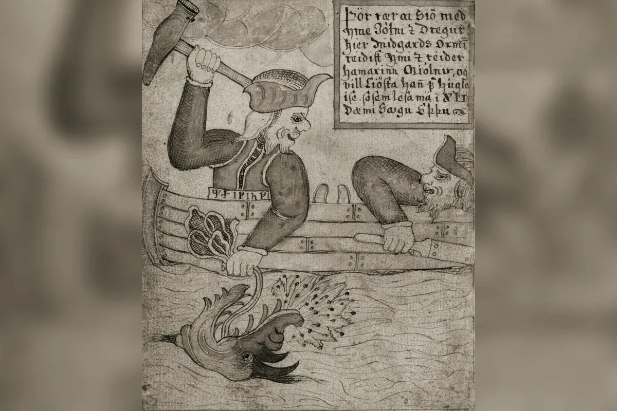 Thor et Hymir pêchant Jörmungandr, manuscrit islandais de Jakob Sigurðsson
