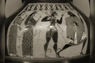 Le jugement de Pâris : le prince troyen face aux trois déesses Héra, Athéna et Aphrodite, peinture antique