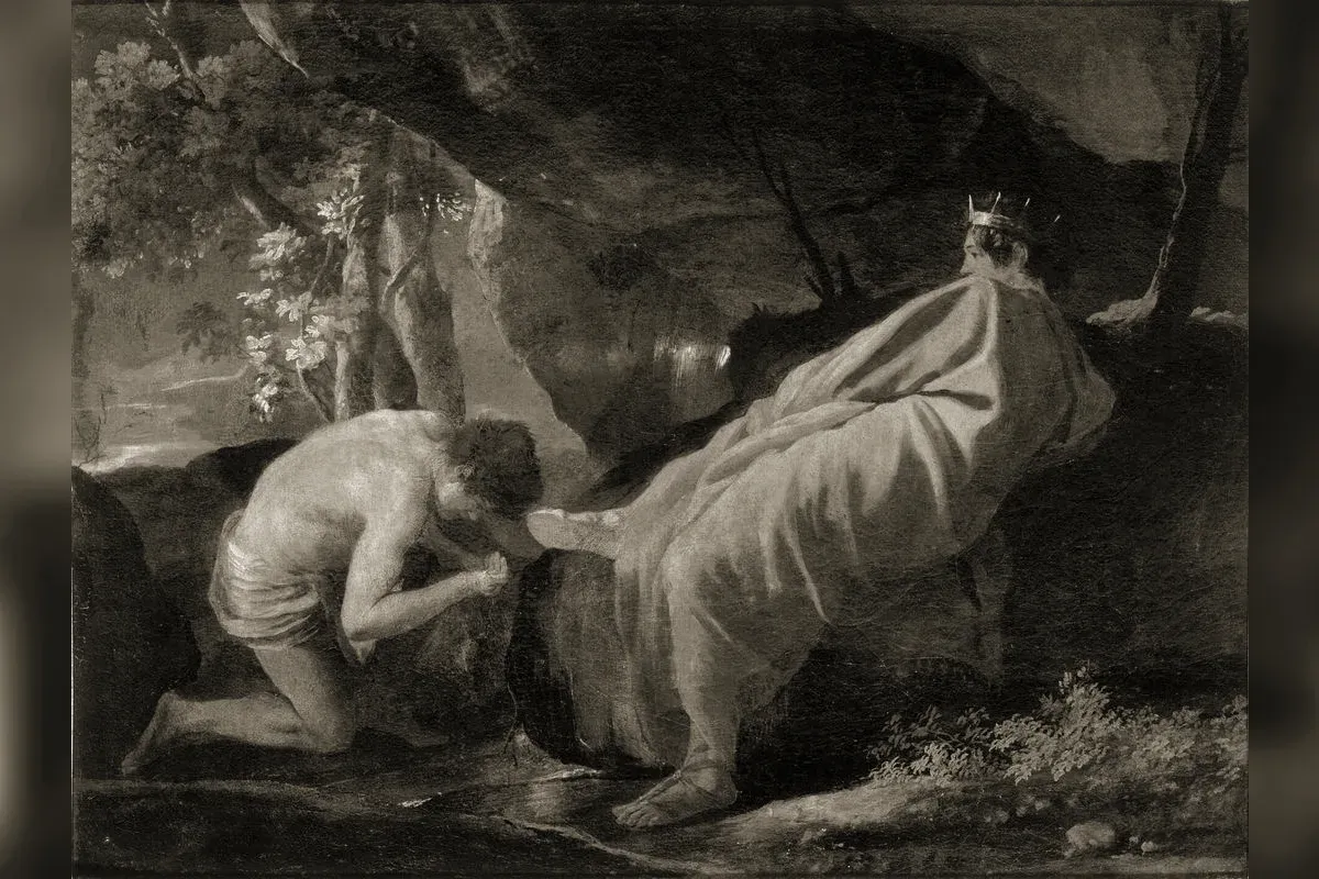 Midas agenouillé se lave à la source du Pactole, près du dieu fleuve allongé, peinture de Nicolas Poussin