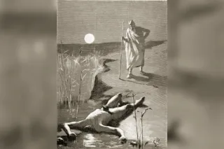 Odin watching over Mimir's body by the water under the moon, painting by Georg Pauli