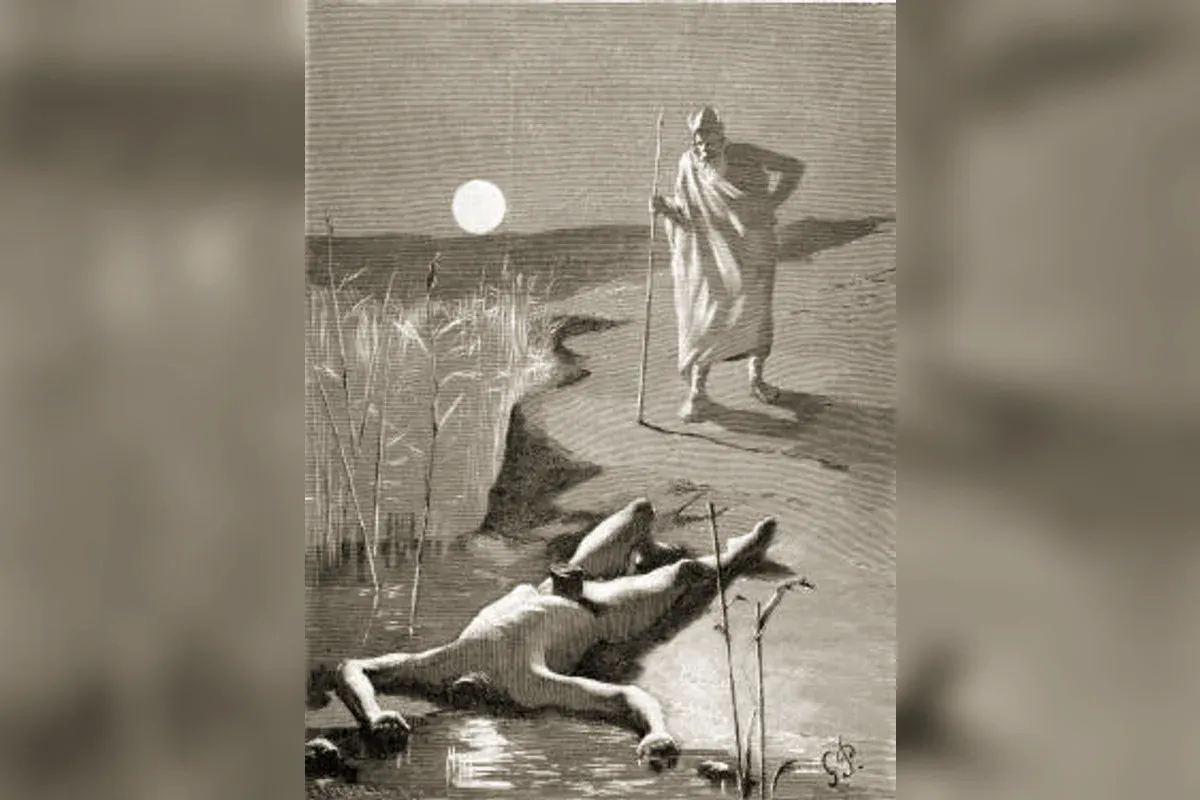 Odin veillant le corps de Mímir au bord de l'eau sous la lune, peinture de Georg Pauli