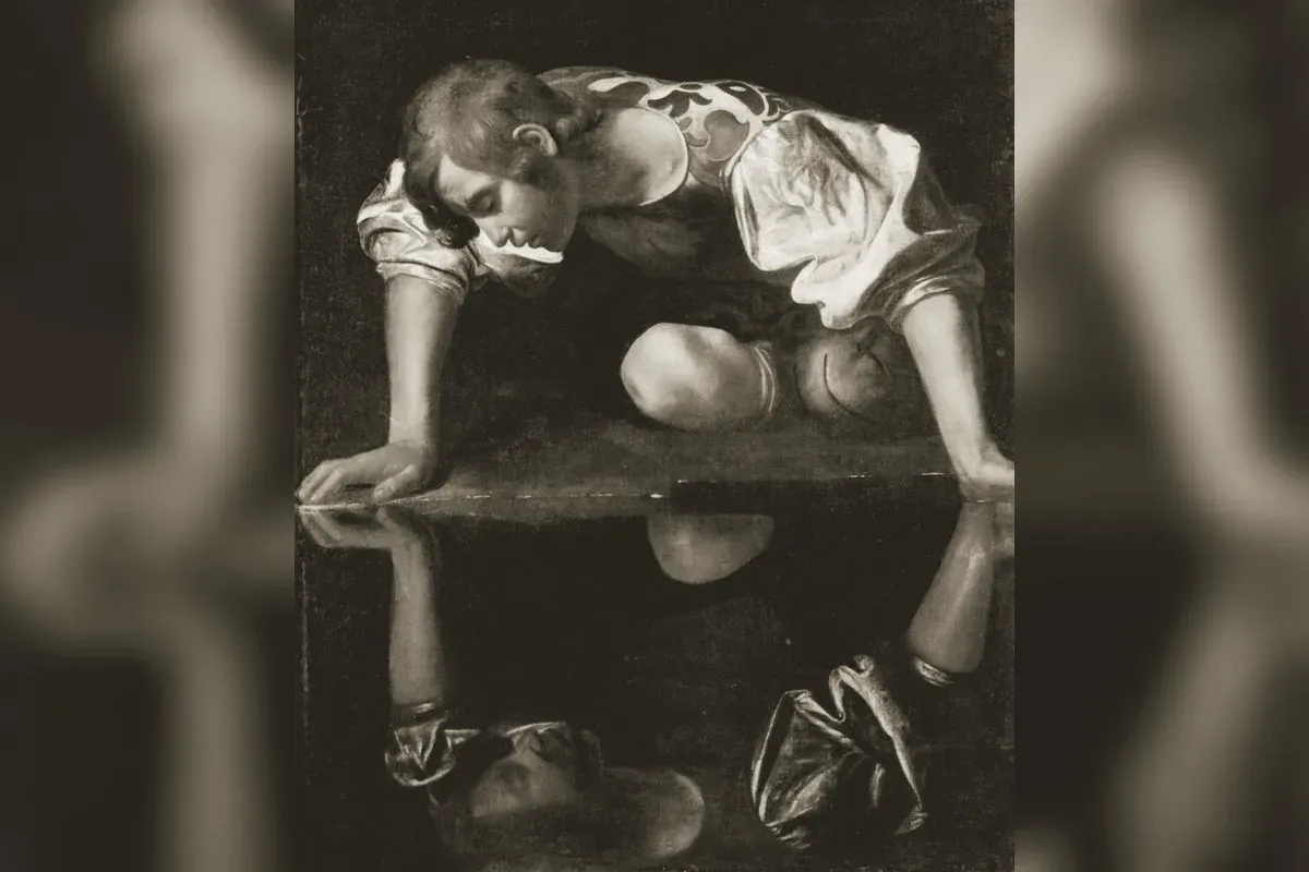 Narcissus leaning over a spring contemplating his own reflection, Renaissance painting