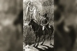 Hermod on horseback bidding farewell to Baldr and Nanna in Hel, illustration by George Percy Jacomb-Hood