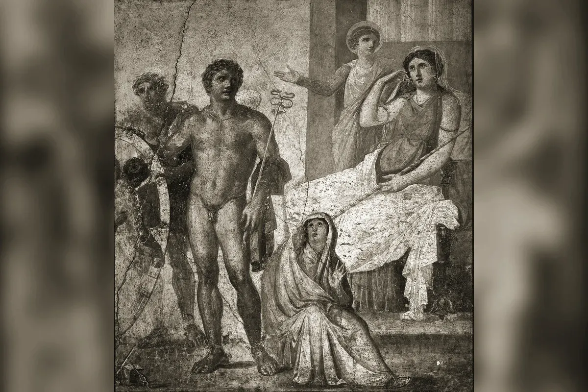 Néphélé assise et voilée au pied du supplice d'Ixion, fresque de la Maison des Vettii à Pompéi