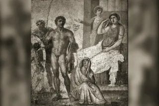 Néphélé assise et voilée au pied du supplice d'Ixion, fresque de la Maison des Vettii à Pompéi