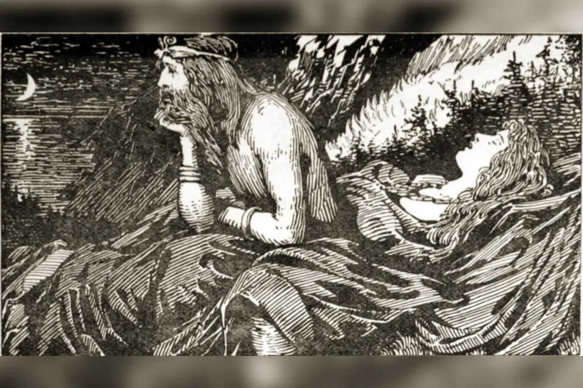 Njord, Norse god of the sea and seafaring, standing by the shore, classical art